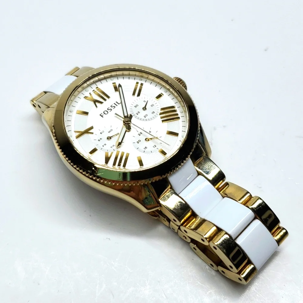 Fossil Watch AM4645 Gold White Two Tone Wristband White Face Chronograph